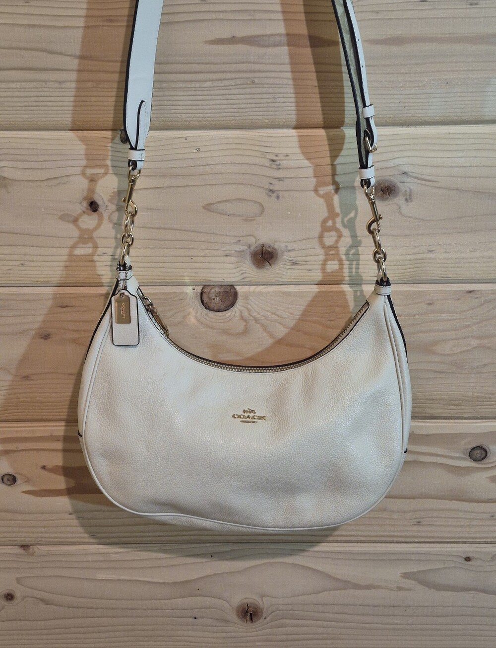 Coach Cream Leather Crossbody Bag with Gold Hardware Strap Is 46" Long